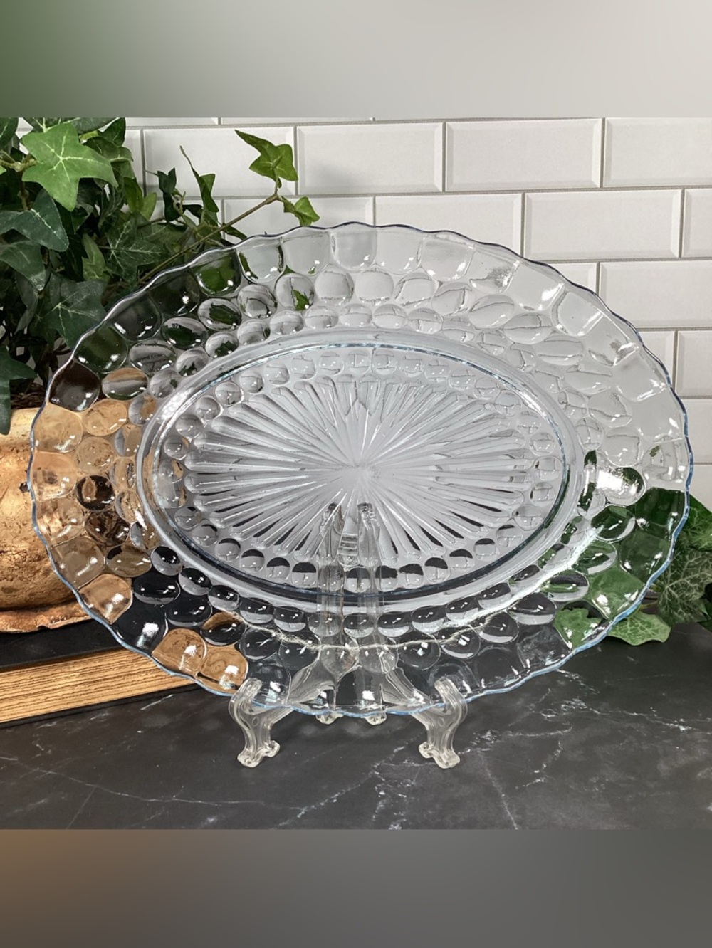 Vintage Anchor Hocking Blue Bubble Glass Oval Platter 12" Depression Glass